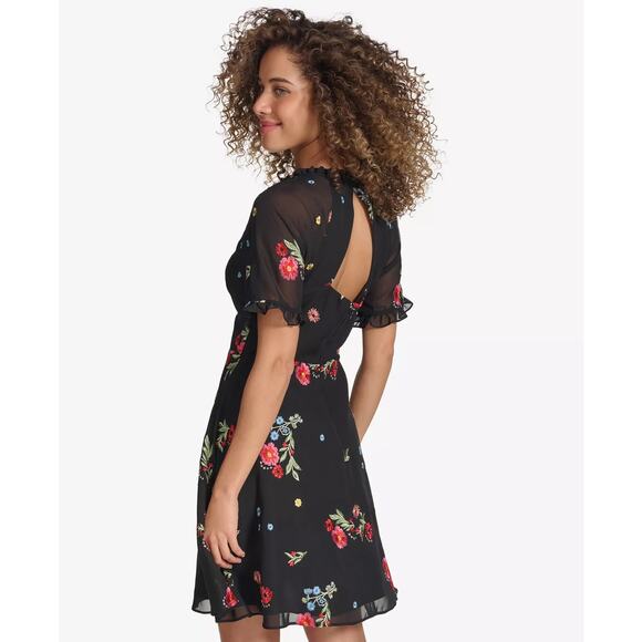 Kensie Black Dress Women's 16 Plus Size Embroidered Floral Chiffon Date Night - Picture 3 of 16